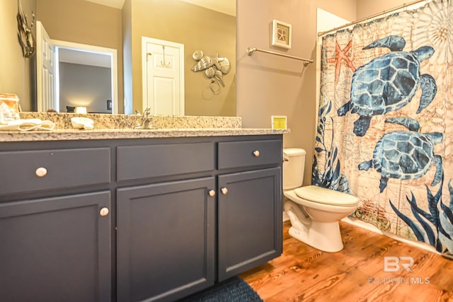 bathroom with curtained shower, wood-type flooring, vanity, and toilet