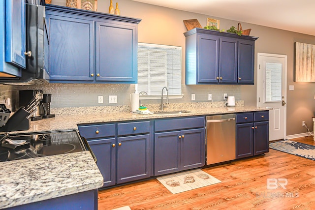 kitchen with light hardwood / wood-style floors, blue cabinets, tasteful backsplash, stainless steel dishwasher, and sink