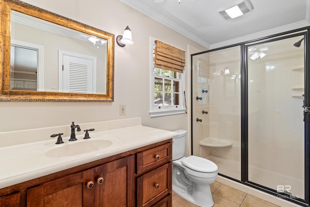 606 Fairhope Ave, Fairhope, AL 36532 - bathroom featuring toilet, a shower stall, ornamental molding, vanity, and tile patterned flooring