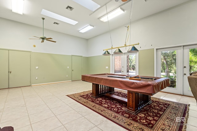 606 Fairhope Ave, Fairhope, AL 36532 - playroom featuring high vaulted ceiling, light tile patterned floors, billiards table, a ceiling fan, and a skylight