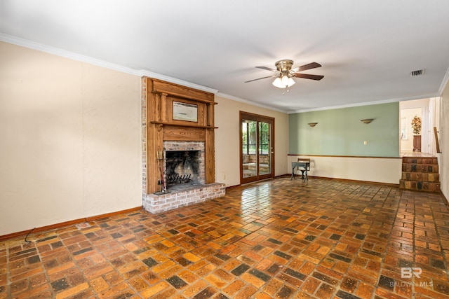 606 Fairhope Ave, Fairhope, AL 36532 - unfurnished living room featuring baseboards, a ceiling fan, crown molding, a fireplace, and brick flooring