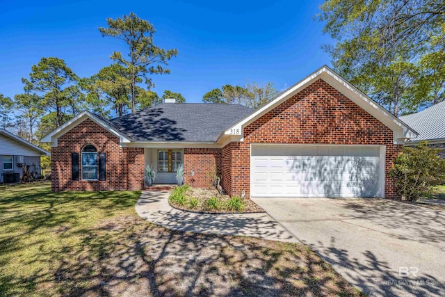 single story home featuring concrete driveway, brick siding, a front lawn, a garage, and central AC