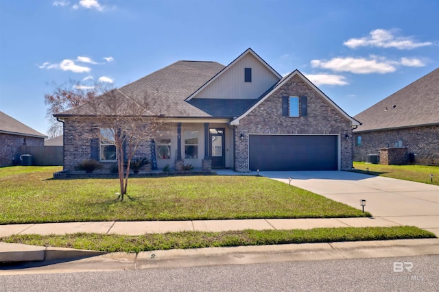 view of front of home with driveway, central air condition unit, a front lawn, and brick siding