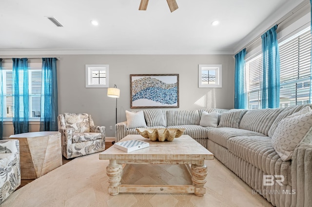 living room with ceiling fan and crown molding