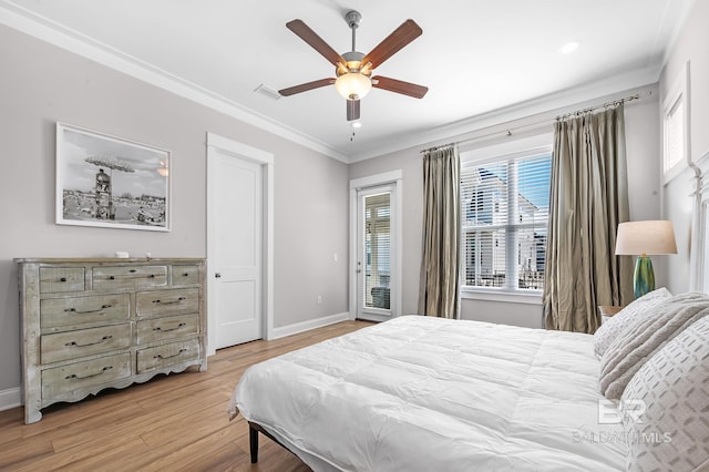 bedroom with access to exterior, light wood-type flooring, ceiling fan, and crown molding