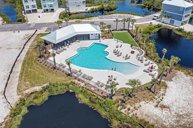 aerial view featuring a water view