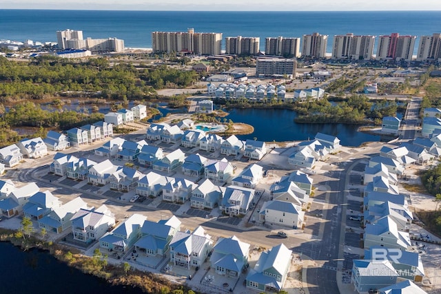 drone / aerial view featuring a water view