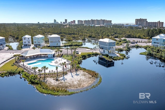 drone / aerial view featuring a water view