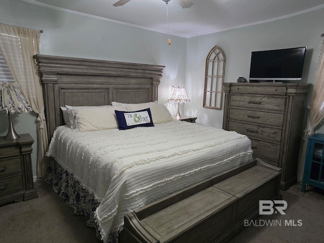 carpeted bedroom with ornamental molding and ceiling fan