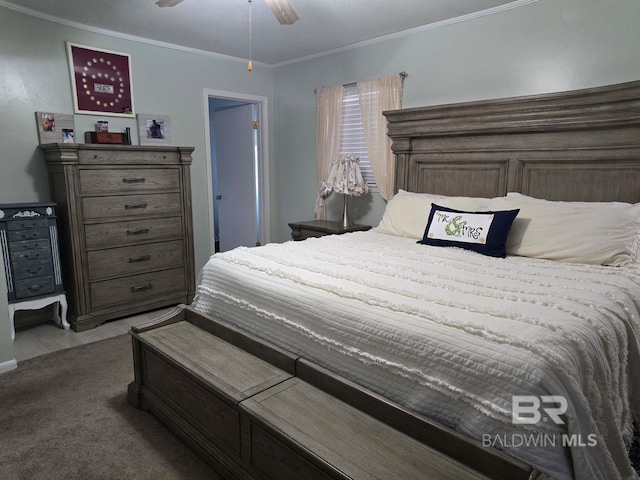 bedroom featuring ornamental molding, ceiling fan, and carpet floors