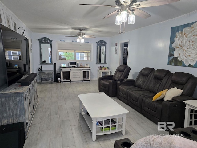 living room with ceiling fan and light hardwood / wood-style floors