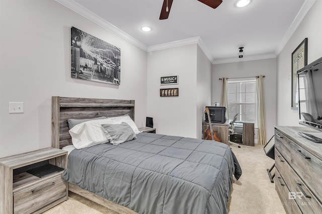 carpeted bedroom with ornamental molding, a ceiling fan, and recessed lighting