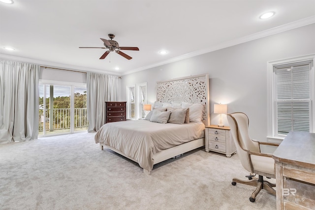 bedroom featuring recessed lighting, carpet floors, a ceiling fan, access to exterior, and crown molding