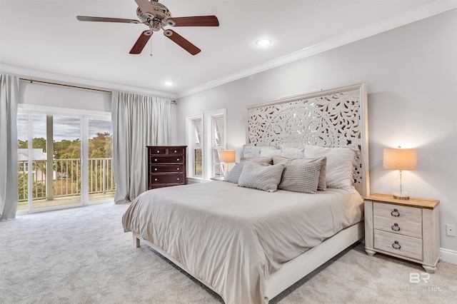 bedroom featuring recessed lighting, light colored carpet, ornamental molding, a ceiling fan, and access to outside