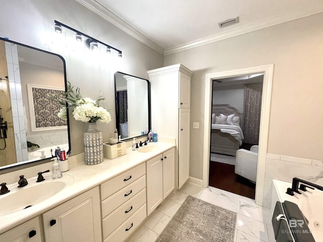 full bathroom featuring visible vents, marble finish floor, ensuite bath, and a sink