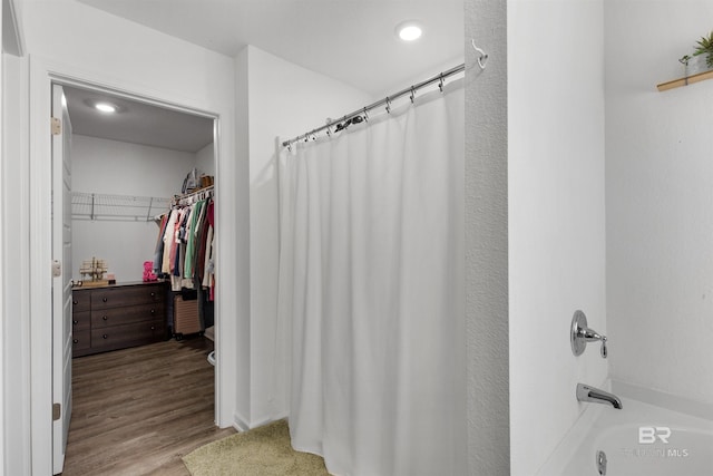 32299 Terranova Loop, Lillian, AL 36549 - full bath with wood finished floors, recessed lighting, a spacious closet, and shower / bathtub combination with curtain