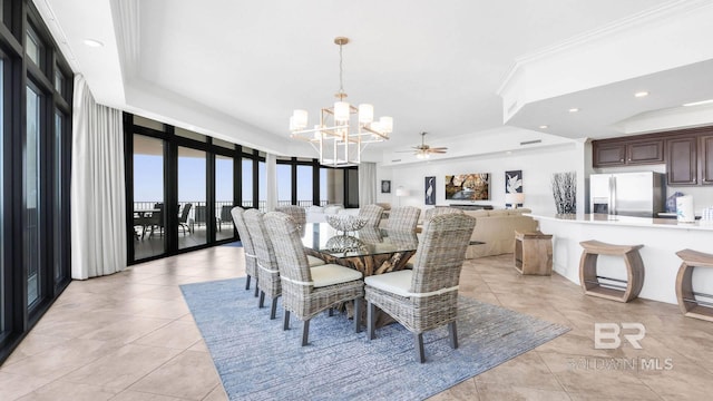 23450 Perdido Beach Blvd Unit 2011, Orange Beach, AL 36561 - dining area featuring a chandelier, light tile patterned floors, a tray ceiling, recessed lighting, and ceiling fan