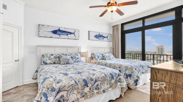 23450 Perdido Beach Blvd Unit 2011, Orange Beach, AL 36561 - bedroom with access to exterior, tile patterned flooring, ornamental molding, and a ceiling fan