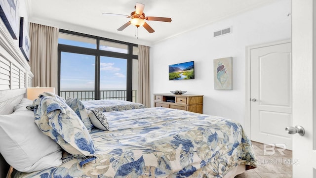 23450 Perdido Beach Blvd Unit 2011, Orange Beach, AL 36561 - bedroom featuring access to outside, crown molding, multiple windows, and ceiling fan
