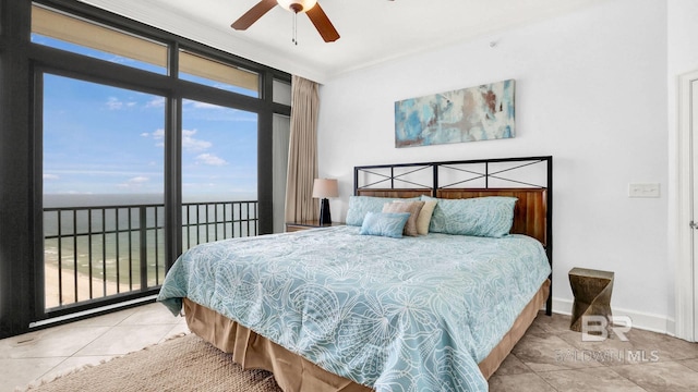 23450 Perdido Beach Blvd Unit 2011, Orange Beach, AL 36561 - tiled bedroom with access to outside, a water view, crown molding, and a ceiling fan