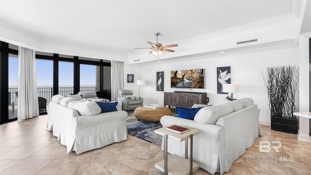 23450 Perdido Beach Blvd Unit 2011, Orange Beach, AL 36561 - living area with ornamental molding, a ceiling fan, and light tile patterned flooring