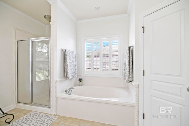 bathroom with plus walk in shower, crown molding, and tile patterned flooring