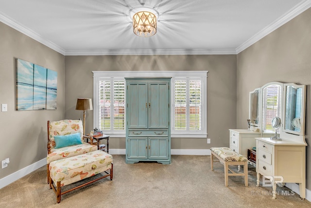 living area featuring crown molding and light carpet