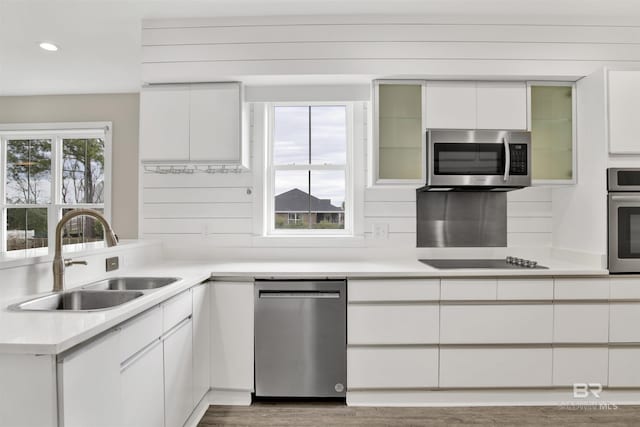 kitchen featuring stainless steel appliances, dark hardwood / wood-style flooring, white cabinetry, and sink