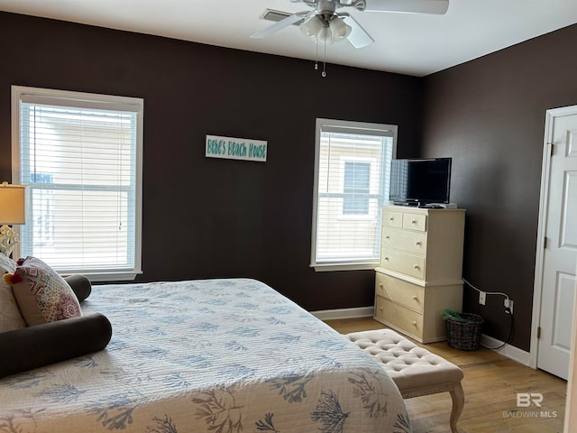 bedroom with ceiling fan and light wood-type flooring