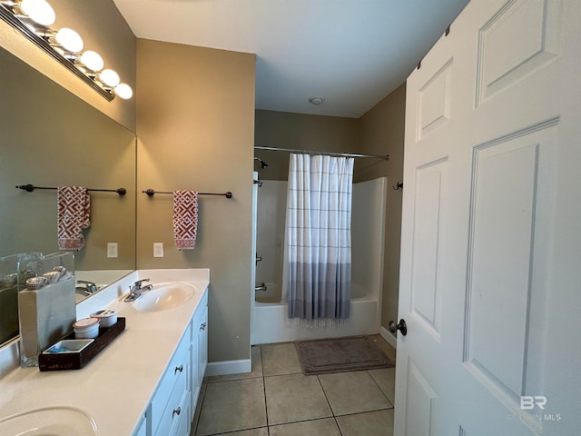 bathroom with vanity, tile patterned floors, and shower / bathtub combination with curtain