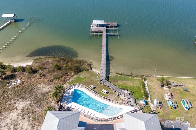 birds eye view of property featuring a water view