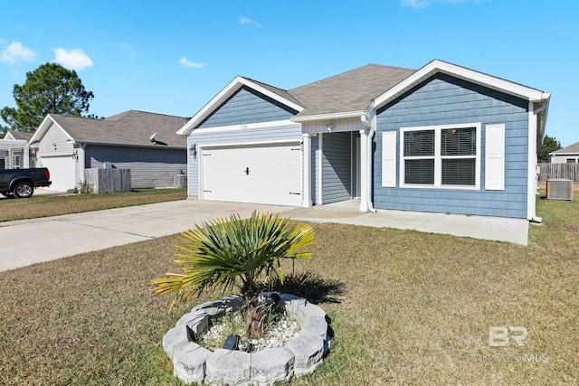 single story home featuring a garage, central air condition unit, and a front lawn