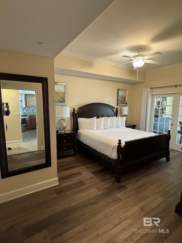 23450 Perdido Beach Blvd Unit 2710, Orange Beach, AL 36561 - bedroom with ornamental molding, wood finished floors, access to outside, baseboards, and ceiling fan