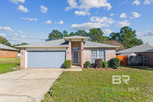 view of front of home featuring a garage, brick siding, fence, driveway, and a front yard