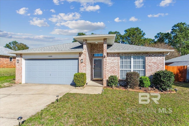 ranch-style house featuring a garage, driveway, fence, a front lawn, and brick siding