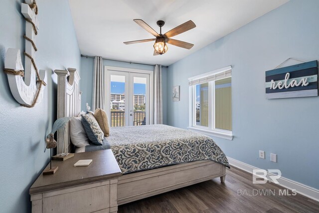 1402 W Dune Dr, Gulf Shores, AL 36542 - bedroom with dark wood finished floors, baseboards, a ceiling fan, and access to exterior