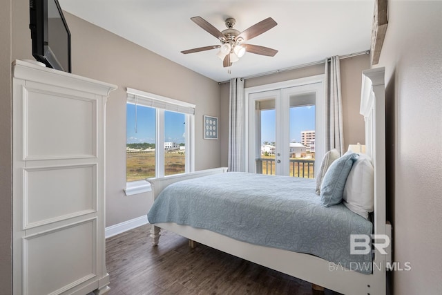 1402 W Dune Dr, Gulf Shores, AL 36542 - bedroom featuring dark wood-type flooring, access to exterior, baseboards, and ceiling fan