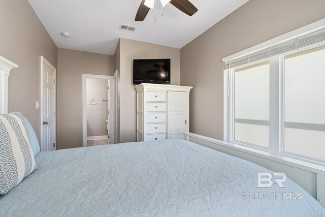 1402 W Dune Dr, Gulf Shores, AL 36542 - bedroom featuring lofted ceiling, a ceiling fan, and visible vents