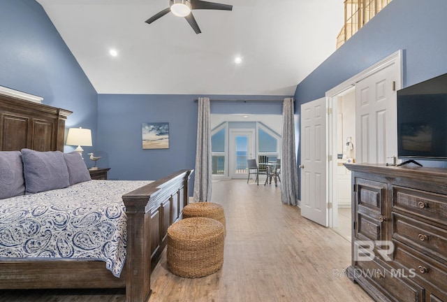 1402 W Dune Dr, Gulf Shores, AL 36542 - bedroom with high vaulted ceiling, recessed lighting, a ceiling fan, and light wood-style flooring