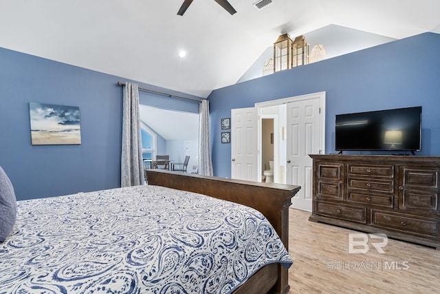 1402 W Dune Dr, Gulf Shores, AL 36542 - bedroom featuring high vaulted ceiling, a ceiling fan, wood finished floors, and visible vents