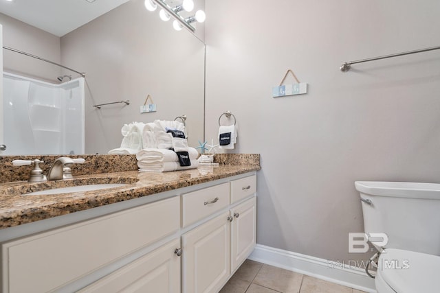 1402 W Dune Dr, Gulf Shores, AL 36542 - bathroom featuring tile patterned floors, toilet, vanity, baseboards, and walk in shower