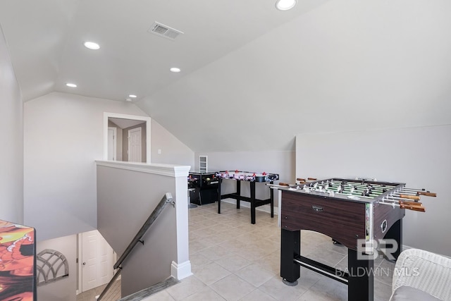 1402 W Dune Dr, Gulf Shores, AL 36542 - rec room featuring vaulted ceiling, light tile patterned flooring, visible vents, and recessed lighting