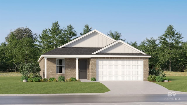 single story home featuring concrete driveway, brick siding, an attached garage, and a front lawn