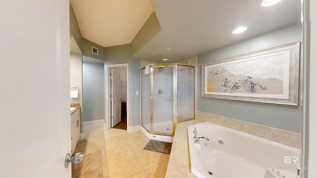 full bath with tile patterned floors, vanity, a shower stall, a tub with jets, and visible vents