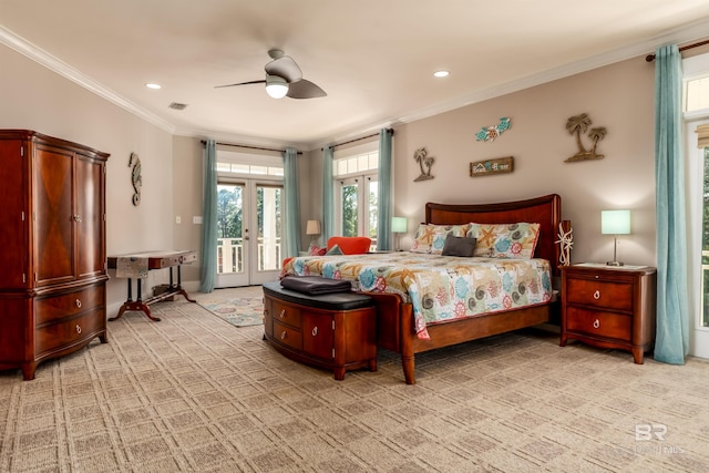 bedroom featuring ceiling fan, access to exterior, crown molding, french doors, and light colored carpet