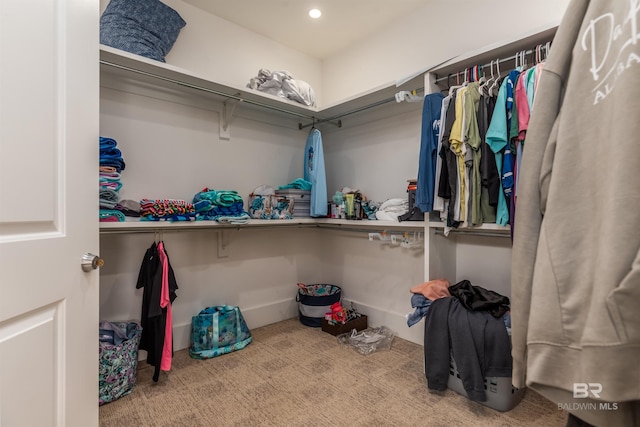 walk in closet featuring light carpet