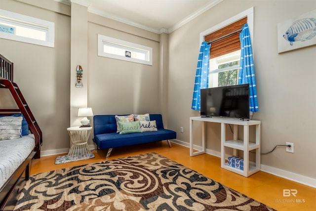 living room featuring crown molding