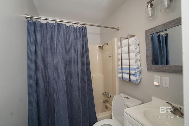 full bathroom with shower / bath combo, vanity, and toilet