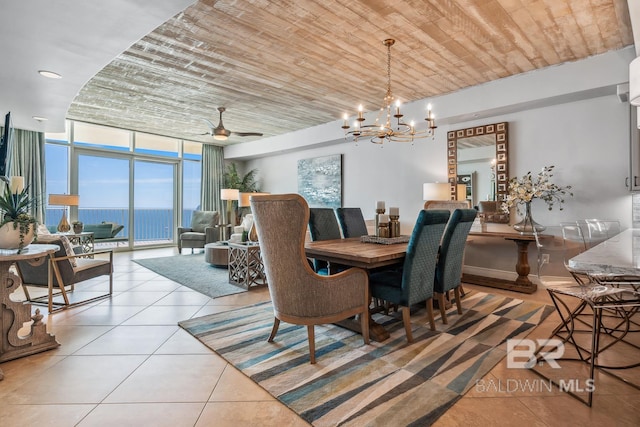tiled dining room with wood ceiling, floor to ceiling windows, and ceiling fan with notable chandelier