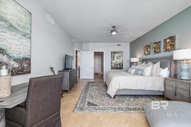 bedroom with tile patterned floors, visible vents, and ceiling fan